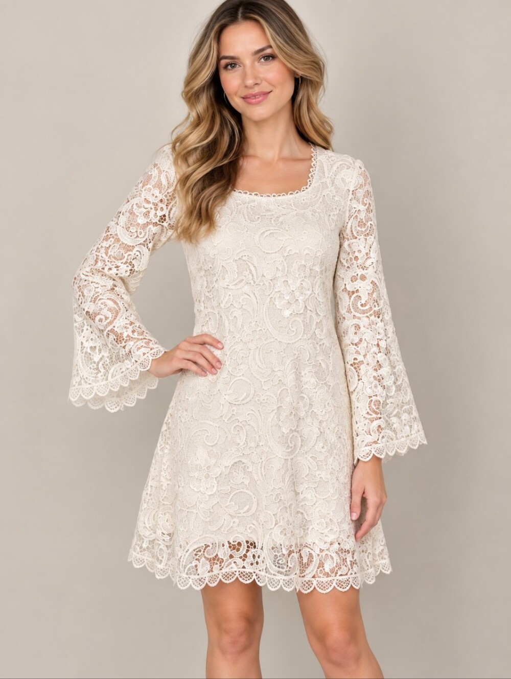 RANCHO ESTANCIA White Lace Sequin Bell Sleeve Square Neck Scalloped Dress